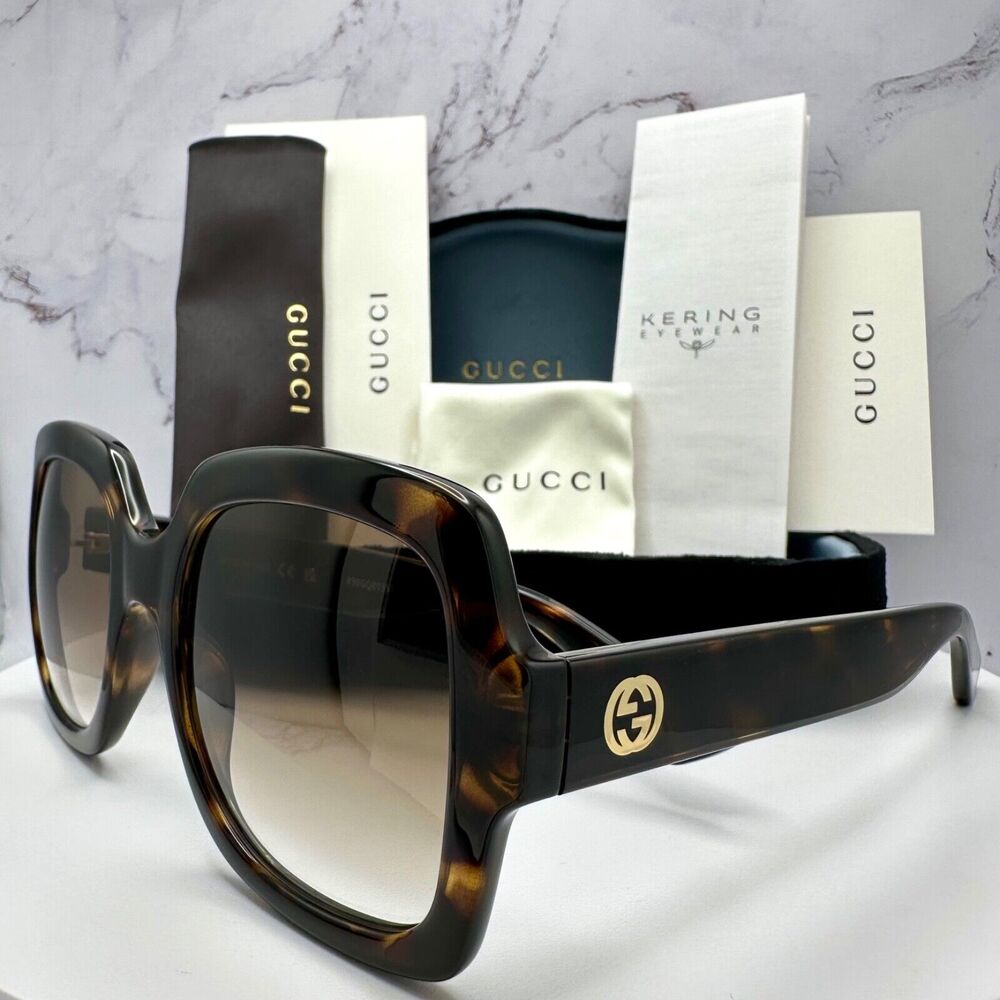 New GUCCI Sunglasses Brown Black Tortoise Square Women's Gold GG Logo Oversized - Picture 10 of 16